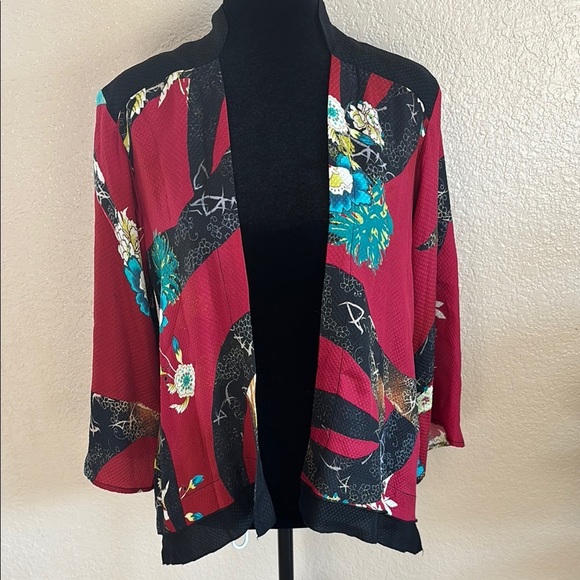 Citron Santa Monica 100% Silk Red Asian Inspired Floral Kimono Jacket - Picture 2 of 8